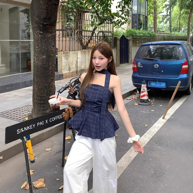Retro Color-Blocked Plaid Tube Top for Women, Summer High-End Style, Outerwear, Pure Desire Blouse, Irregular Waist-Cinching Sleeveless Top Retro Color-Blocked Plaid Tube Top for Women, Summer High-End Style, Outerwear, Pure Desire Blouse, Irregular Waist-Cinching Sleeveless Top