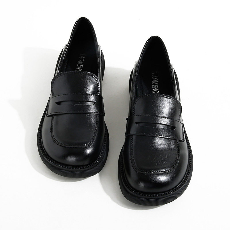 Giày lười nữ da đế dày gót vuông kiểu Anh, mũi tròn, gót 3–5 cm — Màu đen