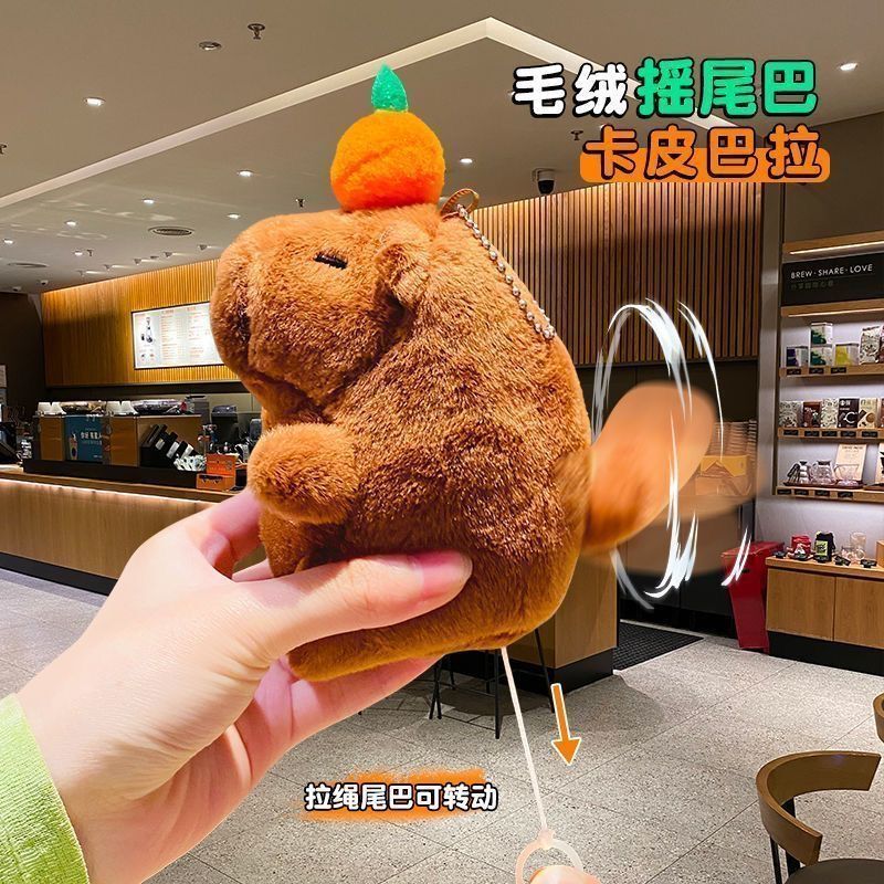 创意吐泡泡卡皮巴拉摇尾巴毛绒公仔水豚挂件玩具学生挂件毛绒棕色|undefined