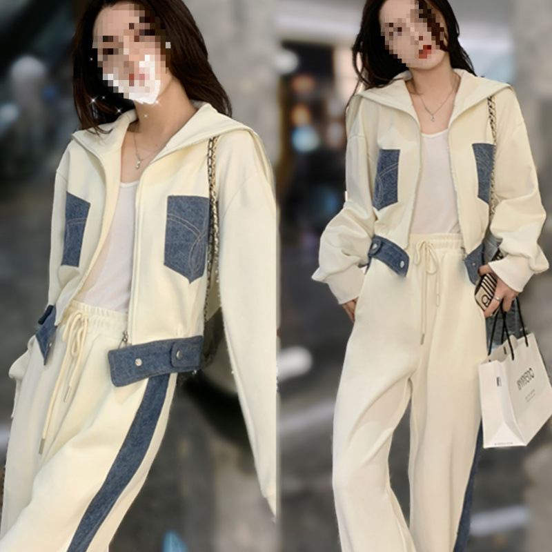Off-White Denim Patchwork Casual Sports Suit for Women, New Spring and Autumn Two-Piece Set, Trendy and Age-Reducing College Style