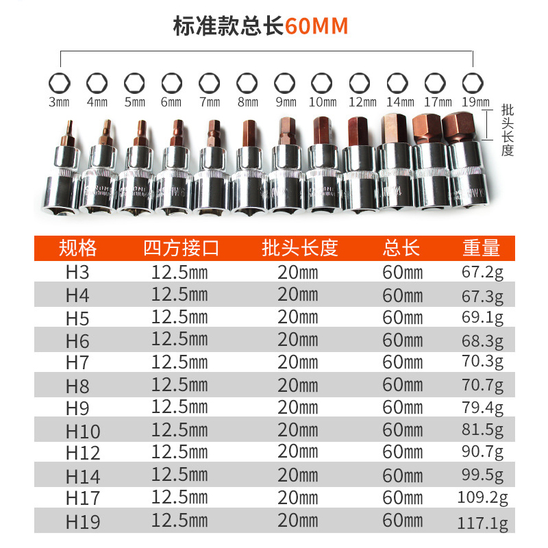 1 / 2 cabeza de manguito hexagonal interno 6 ángulos cruz eléctrica cabeza de lote cañón de aire alargada ciruela herramienta de tornillo manguito llave