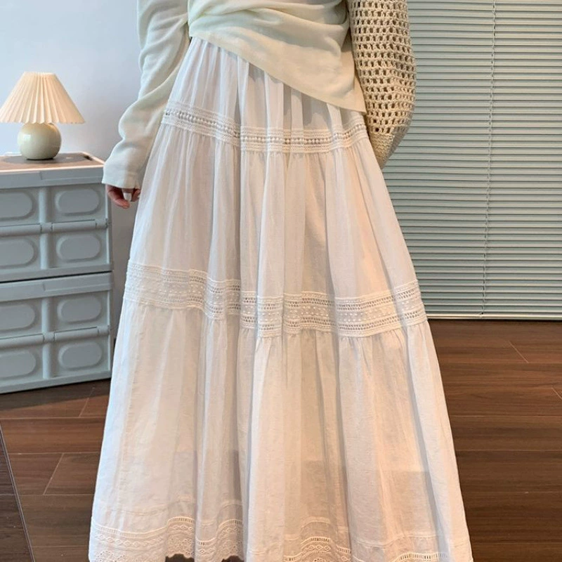 Белая юбка для женщин, лето 2025, новый стиль, юбка трапециевидной формы с большим подолом, юбка средней длины, кружевная пышная юбка-зонтик