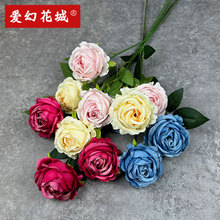 绢布批发3头梦幻玫瑰 人造装饰花仿真玫瑰婚庆仿真花束室内摆件