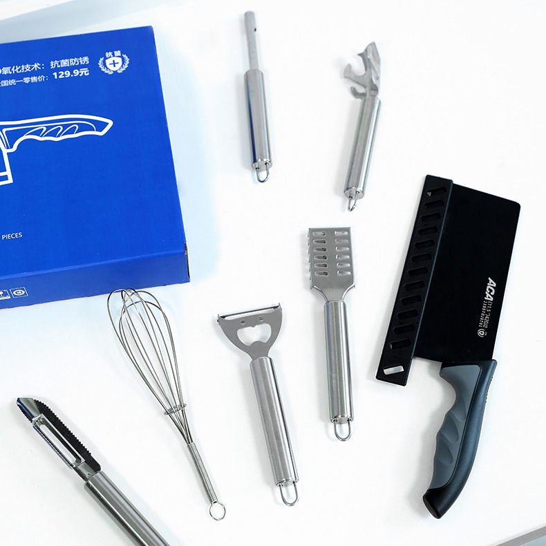 ACA Antibacterial Black Blade Gadget Juego de 7 piezas Cuchillo de pelar Rallador Cortador Juego de herramientas multifunción
