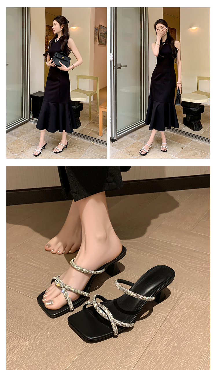 Dép sandal cao gót nữ quai mảnh đính đá mũi vuông gót dày 9 cm — đen, màu hồng, trắng chi tiết 18