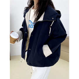 韩系撞色小个子连帽风衣短外套女2025春秋新款感宽松冲锋衣女