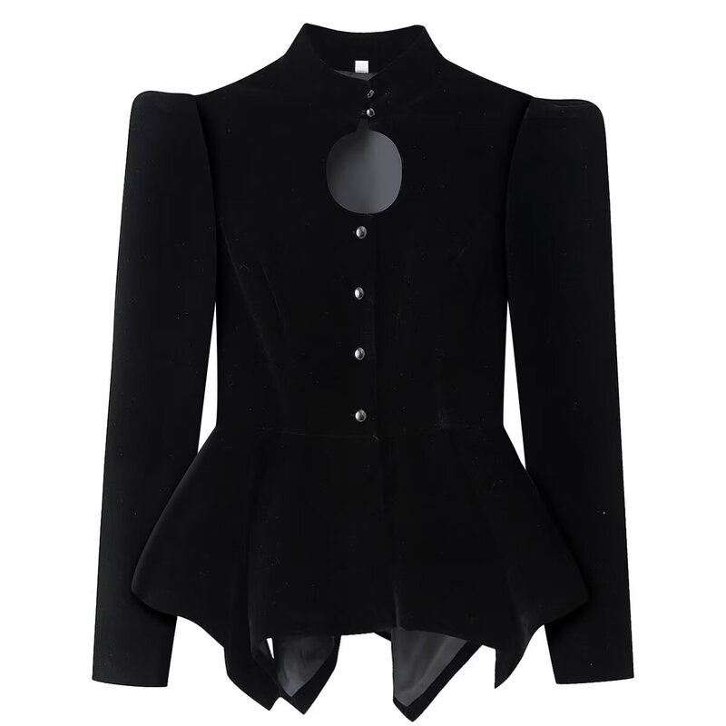 Za Foreign Trade Wholesale European and American Style Women's Clothing French Style Slim Fit Puff Sleeve Velvet Jacket with Hollow Out Front and Long Sleeves Za Foreign Trade Wholesale European and American Style Women's Clothing French Style Slim Fit Puff Sleeve Velvet Jacket with Hollow Out Front and Long Sleeves