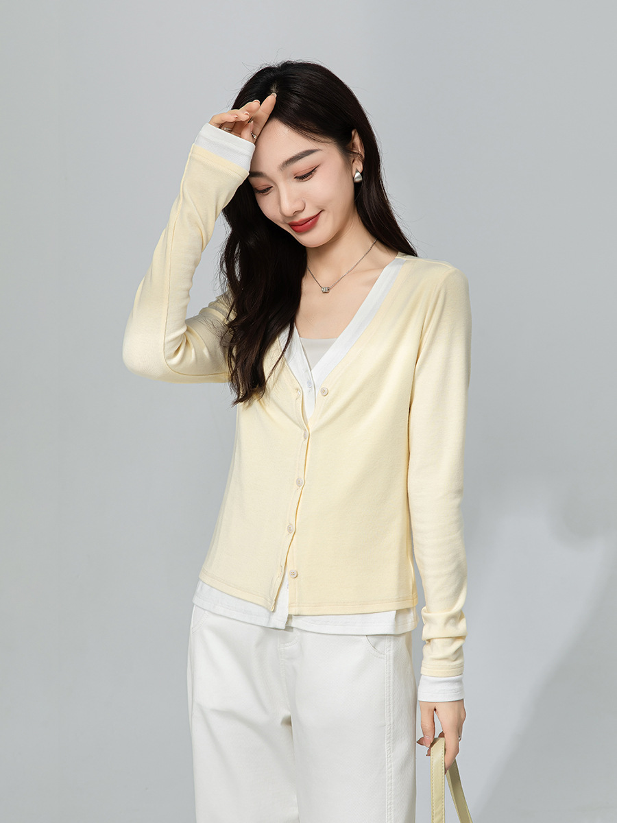 Áo cardigan cotton dệt kim cổ chữ V giả hai mảnh ngắn sành điệu — Màu vàng ngỗng