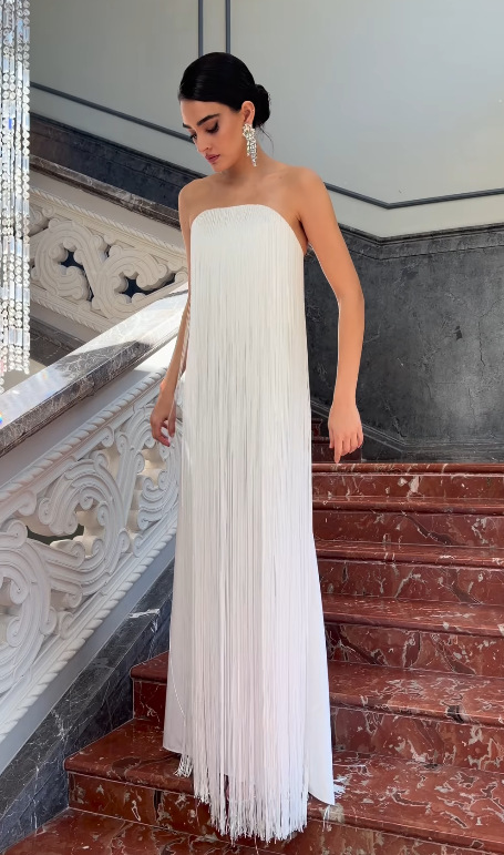 Elegant Strapless Fringe Evening Gown, Flowy Party Dress For Women, Bodycon Midi Dress In Sky Blue, Pink, White_ecoleips.com