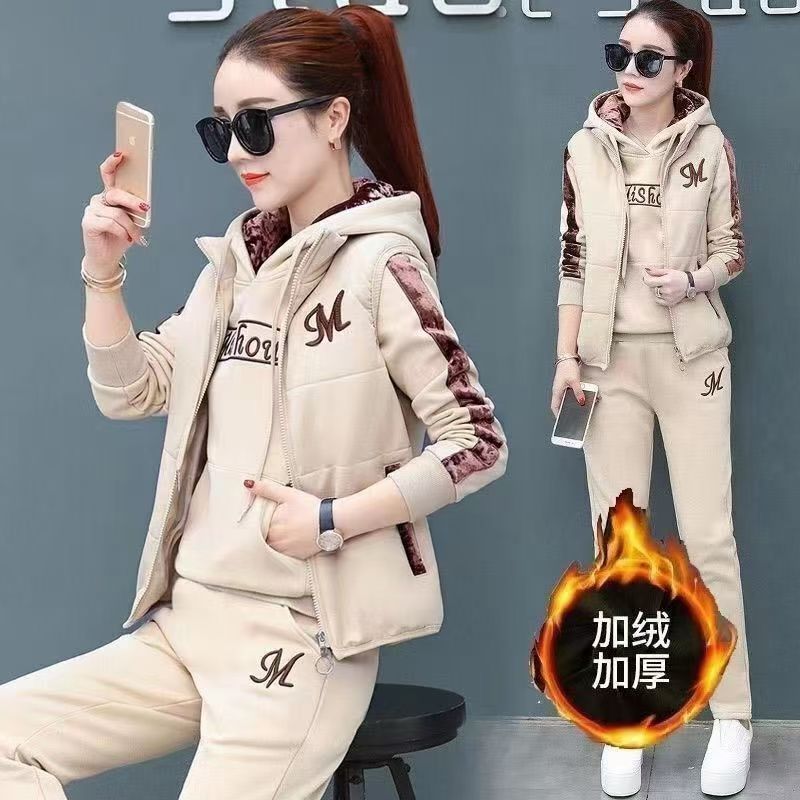 三件套新款女装加绒加厚冬季连帽卫衣女休闲保暖运动服时尚套装潮