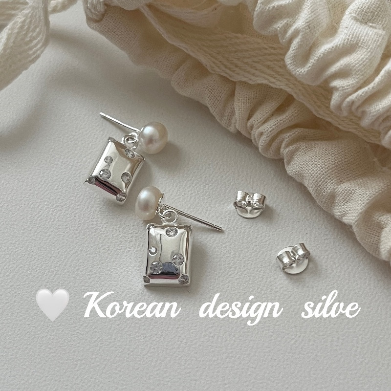 韓國秋冬新款精緻耳釘 S925純銀幾何方形鑲鑽珍珠耳釘 小眾高級感