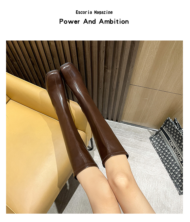 Brown Knee High Boots For Women With Thick Heels And Square Toe_voghion.com