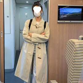 纯色学院风长袖牛角扣日系百搭工装休闲外套春秋新款中长款风衣女