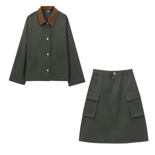 European and American Style Women's Velour Collar Lined Jacket with Waxed Detail + Workwear Mid-Waist Simple and Fashionable Skirt