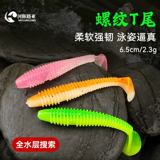 路亚软饵双色螺纹T尾路亚饵软虫铅头钩海钓淡水假饵路亚仿生软饵