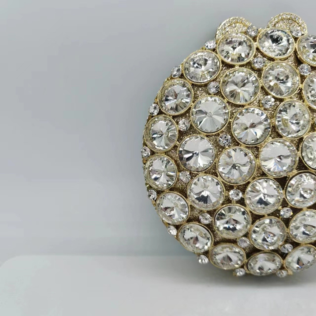 Selección estricta de bolsas de cena con diamantes transfronterizos, bolsas de mano de diamantes redondas, bolsas de banquete europeas y americanas, bolsas de mujer, embrague de piedra.