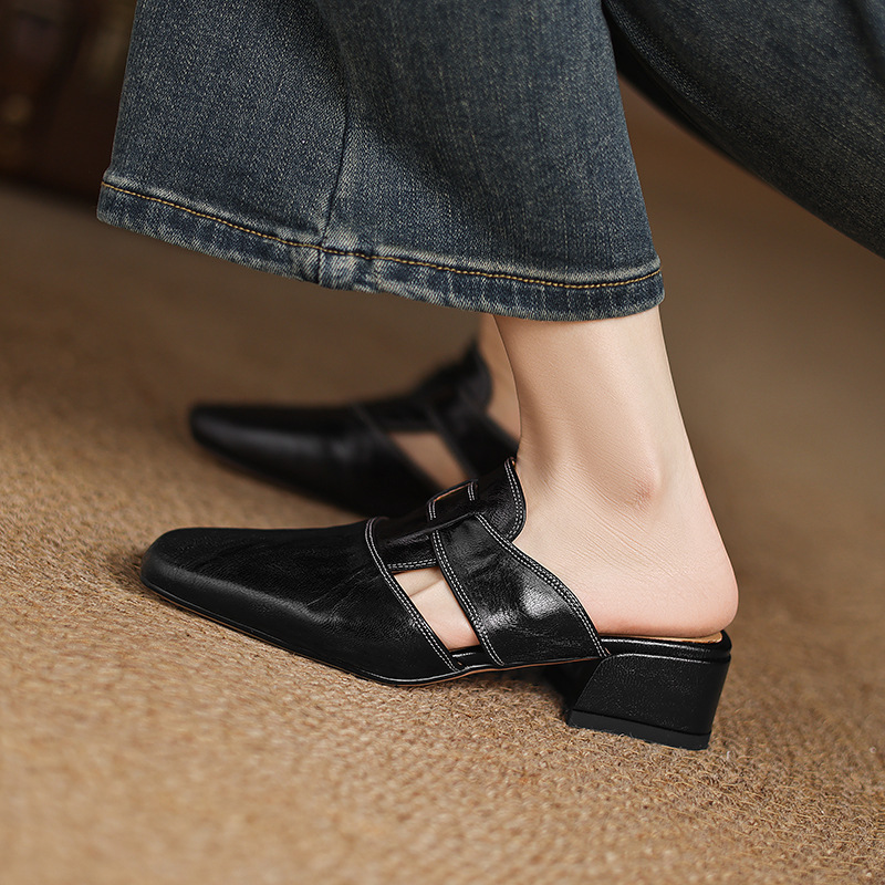 Full Leather Cross-Strap Mules with Open Back, 2026 Summer New Style, Closed-Toe Sandals for Women, Genuine Leather, Medium Chunky Heel, Large Size Half Slippers Full Leather Cross-Strap Mules with Open Back, 2026 Summer New Style, Closed-Toe Sandals for Women, Genuine Leather, Medium Chunky Heel, Large Size Half Slippers