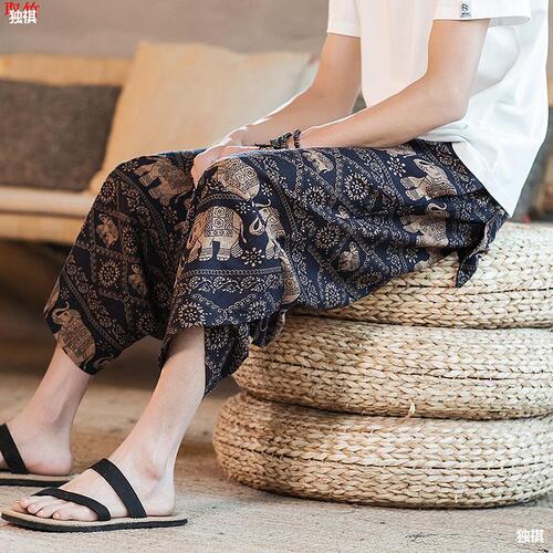 Summer Thailand Elephant Wide-Leg Pants Linen Shorts Flower Pants Lantern Pants Beach Pants 97% Pants Plus Size Men's Clothing