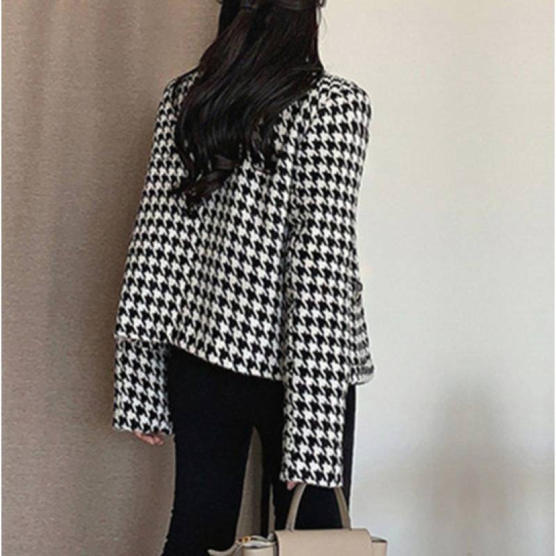 Korean Style Simple Round-Neck Houndstooth Short Jacket for Women 2026 Autumn New Petite Tweed Casual Jacket Top
