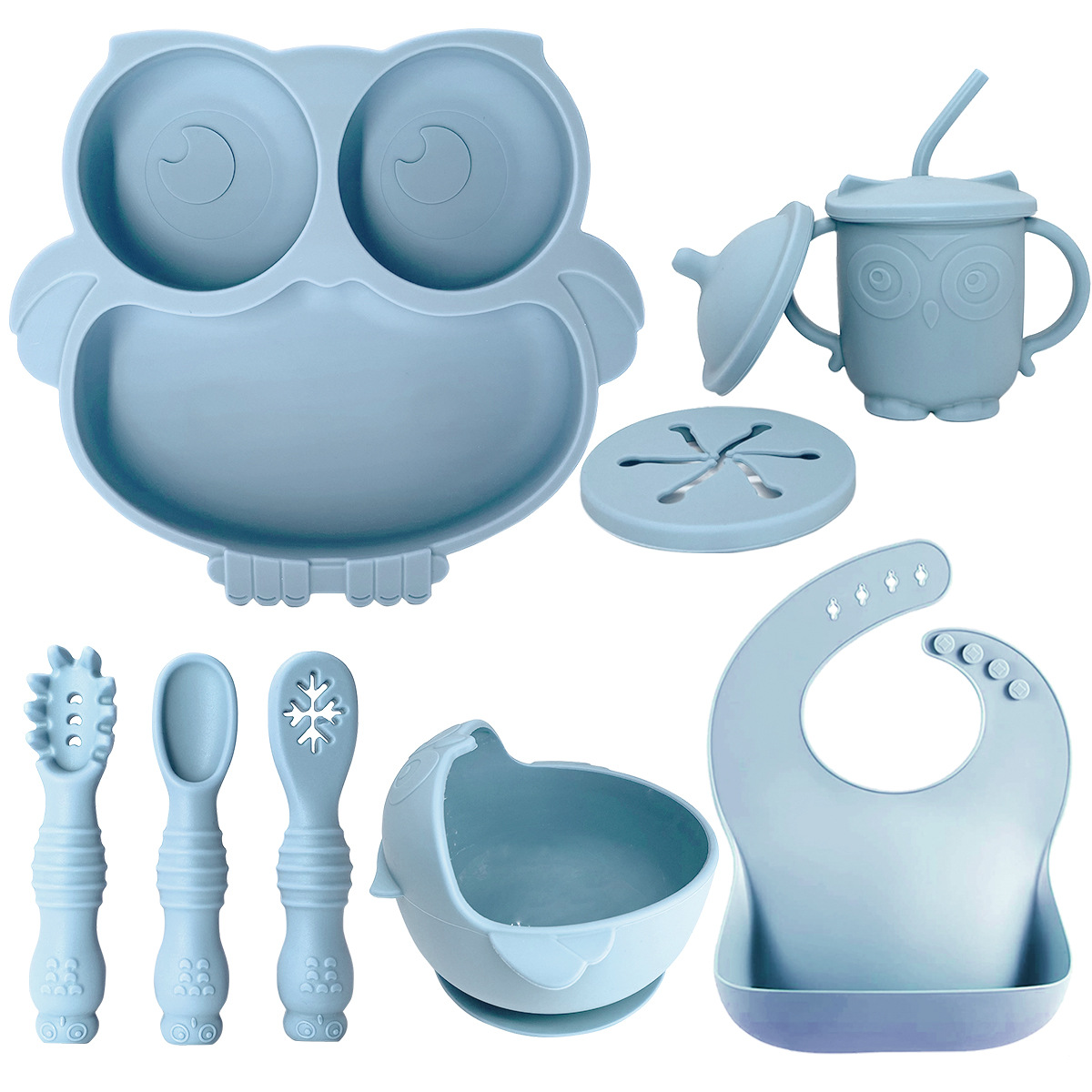 Baby Food Silicone Tableware Set Kidsren's Suction Cup Bowl Baby Spoon Dinner Plate Feeding Owl