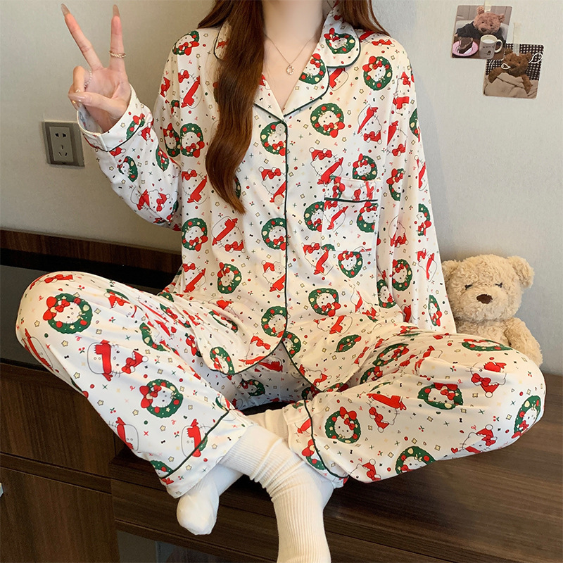 クリスマス風のかわいい漫画風雪だるまパジャマ 春秋 長袖長ズボン カジュアルで可愛いルームウェアセット 卸売|undefined