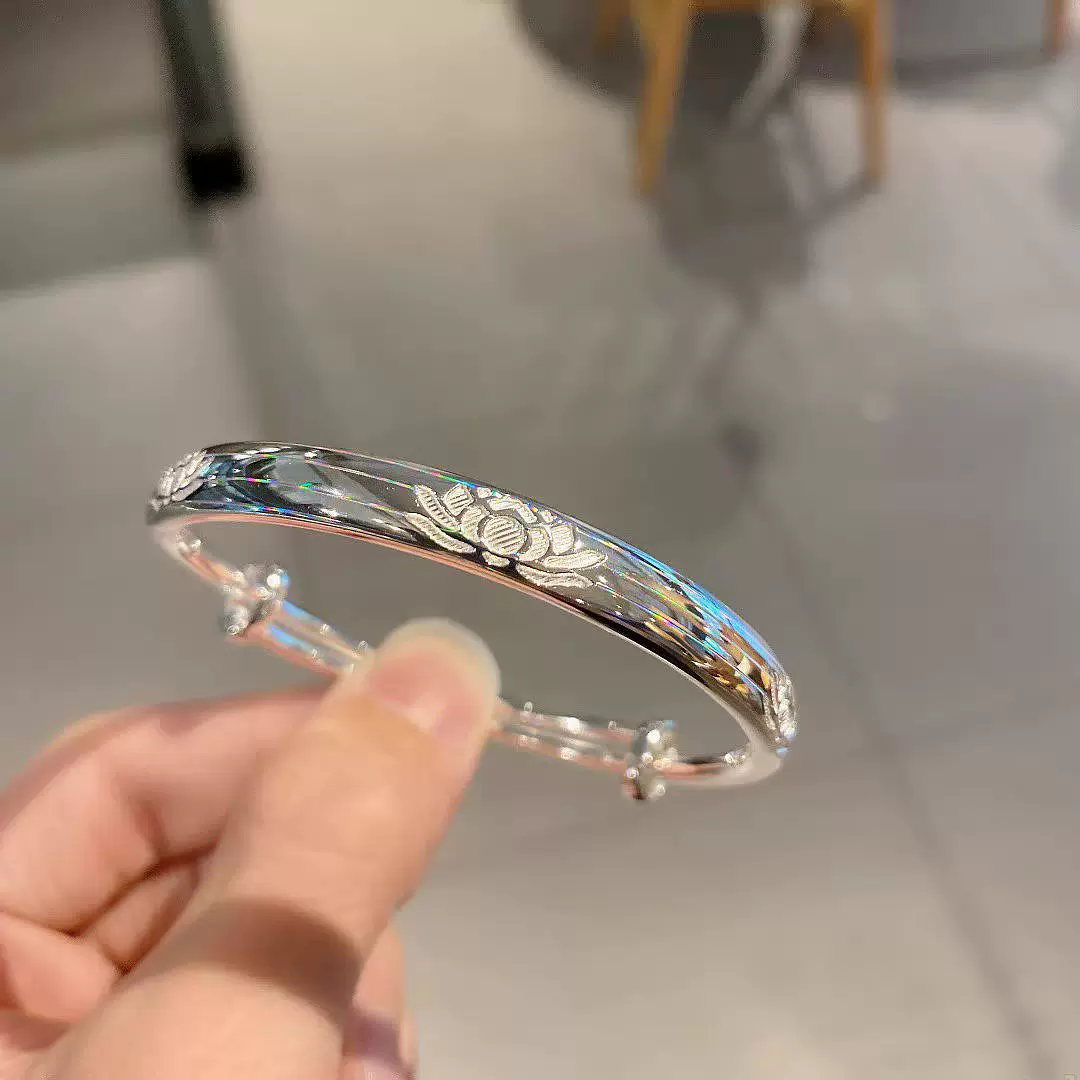 莲花纯银手镯女实心s999足银送妈妈婆婆奶奶长辈生日母亲节礼物