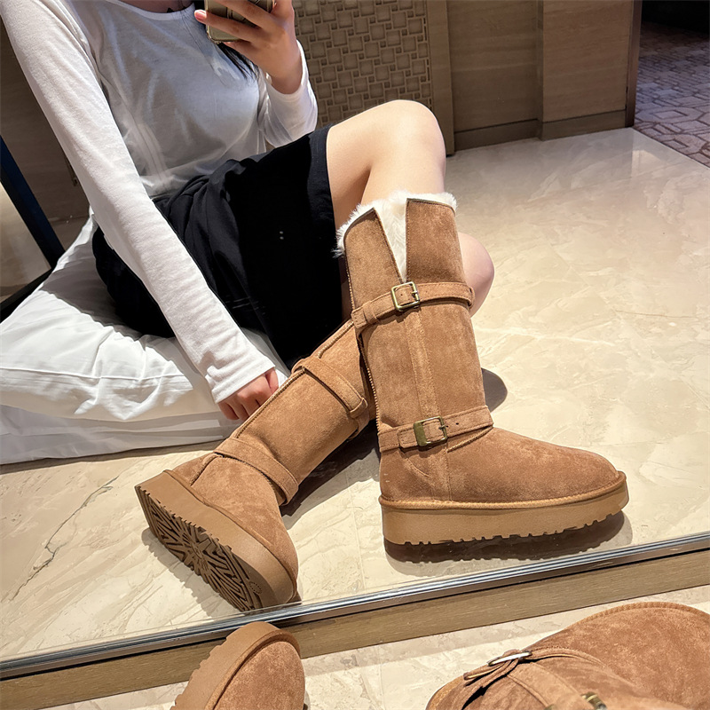 2024 Winter Women's New Leather Snow Boots Knight High-Barrel Motorcycle High-Top Long Barrel Combat Boots Two-Wear Warm Belt Buckle