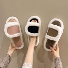 外贸新款PU皮魔术贴毛毛拖鞋女秋冬居家居时尚大脚开口棉拖鞋跨境