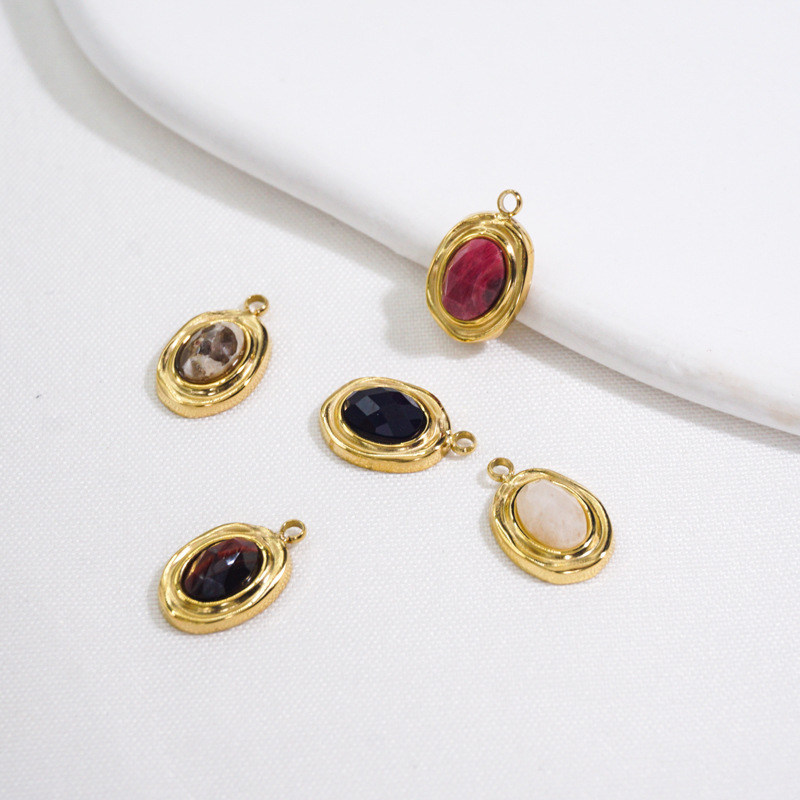 10 PCS/Package 304 Stainless Steel Natural Stone 14K Gold Plated Oval Beads display picture 9