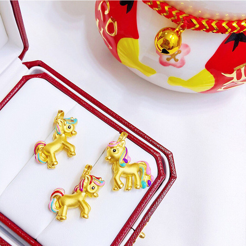Gold-plated brass cartoon cute rainbow pony pendant necklace accessory with enamel colorful small horse design