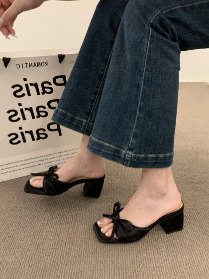 French High-end Satin Bow Thick Heel Sandals for Women Outfit 2023 New Summer Open Toe High Heels