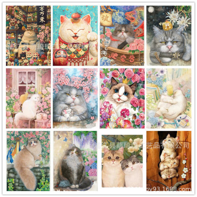 跨境专供新款diy钻石画5d卡通动物招财猫十字绣壁画客厅装饰画