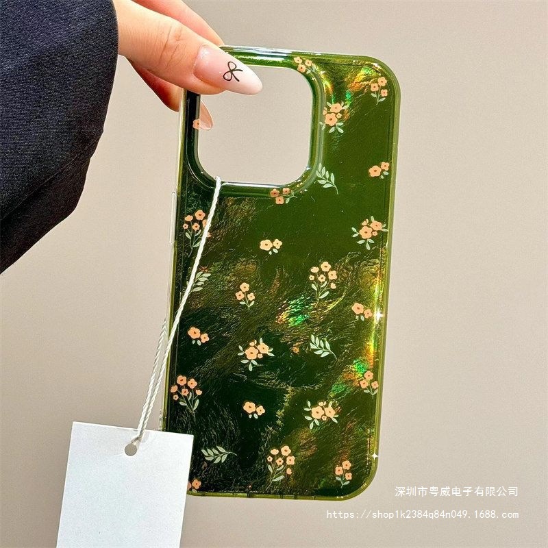 绿鎏碎花适用17air手机壳iPhone16大孔15plus冰川14/13可爱12/11