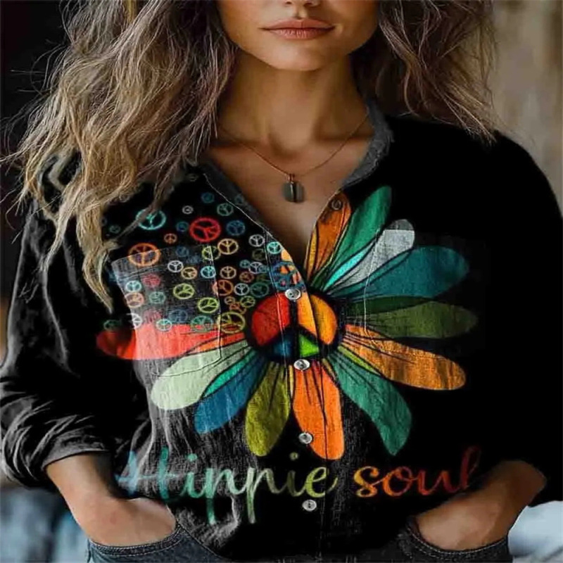 2026 New Bohemian Sun Totem Print V-Neck Shirt for Women, Loose Fit with Double Pockets, Cotton-Linen Feel, Long
