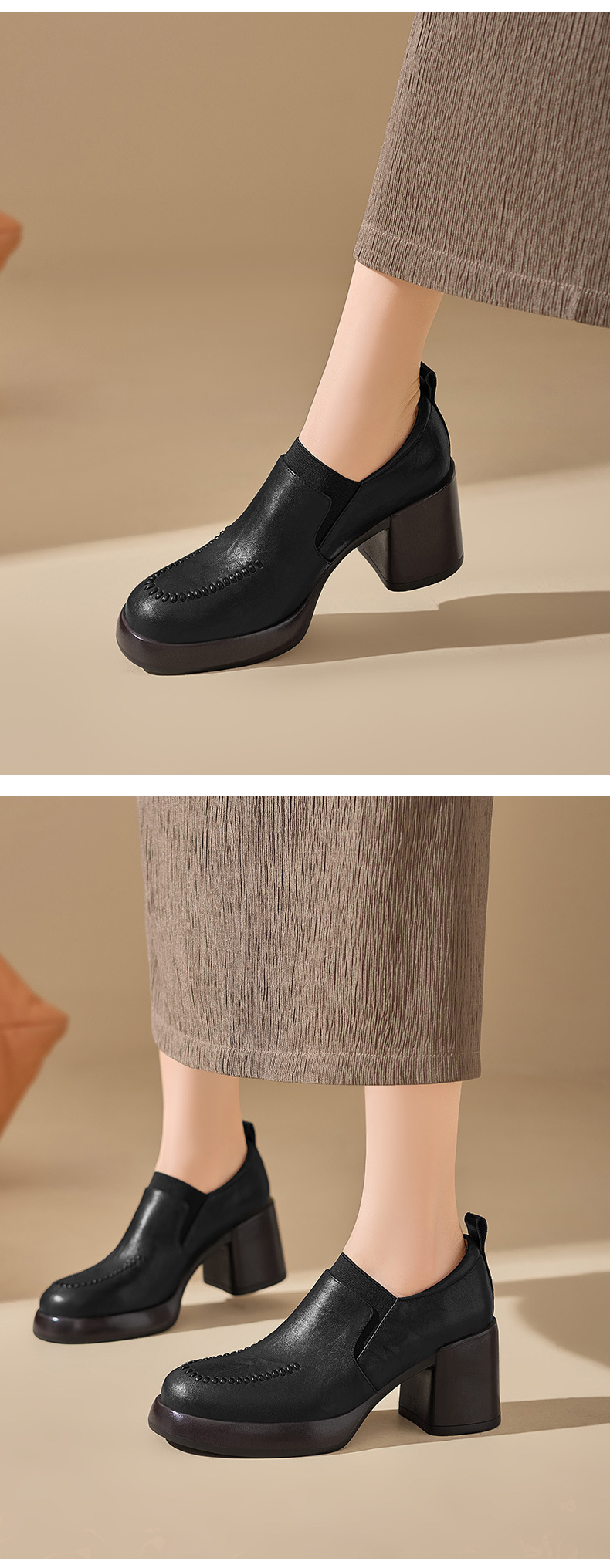 Giày loafer nữ da bò thật đế dày gót vuông 7 cm, miệng sâu, phong cách đơn giản — màu nâu chi tiết 8