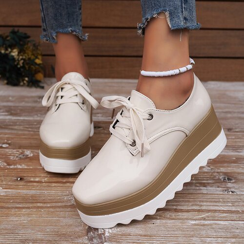 Plus-size platform mule shoes for women—autumn/winter collection, featuring lace-up design, square toe, patent leather finish, and dramatic wedge heels for added height.