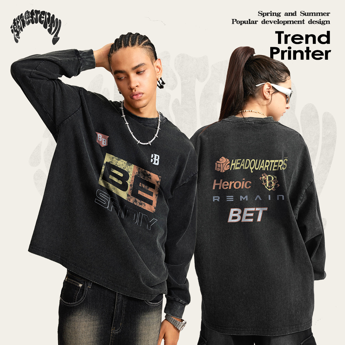 Impresora de marcas| 2025 primavera y otoño adolescentes algodón suelto elemento de carreras americano lavado camiseta de manga larga moda masculina