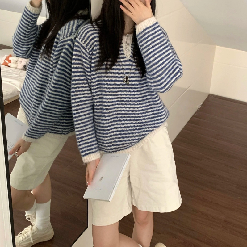 韩系宽松慵懒风半开领三扣条纹套头毛衣秋冬新款休闲百搭上衣女|undefined