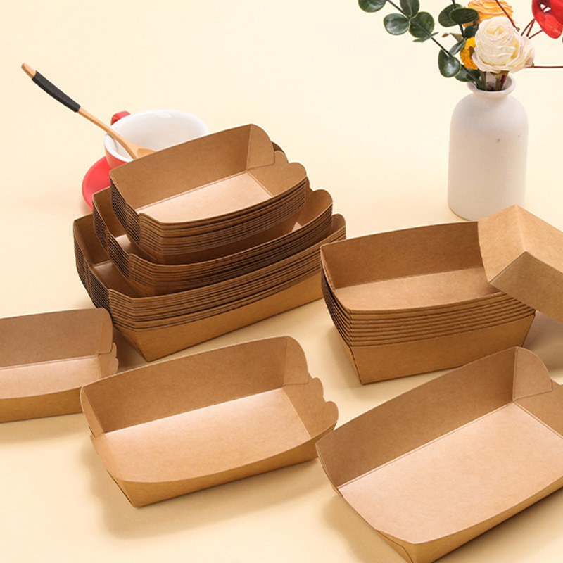 Disposable laminated kraft paper boat-shaped boxes—oil-resistant, picnic-style open-top containers for BBQ, fried foods, hot dogs, and snack takeout
