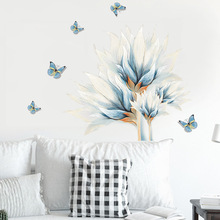 梵汐可定制外貿牆貼水彩藍色蝴蝶花客廳沙發背景卧室貼畫FX-D39