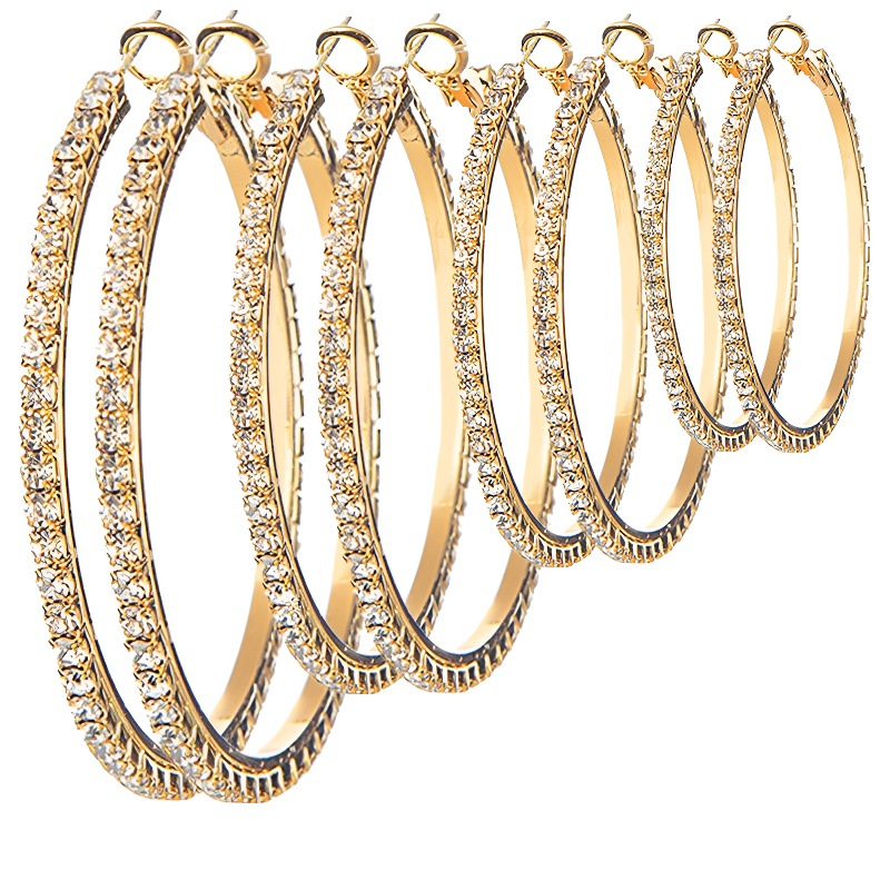 跨境银色耳圈镶钻大耳环女夸张欧美时尚潮流大耳圈金色水钻耳环