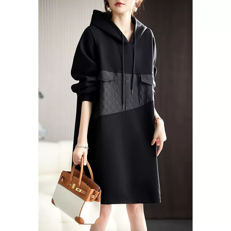 Новое элегантное платье средней длины в европейском стиле, осень 2025, универсальное повседневное женское платье больших размеров с капюшоном и длинными рукавами, в стиле пэчворк