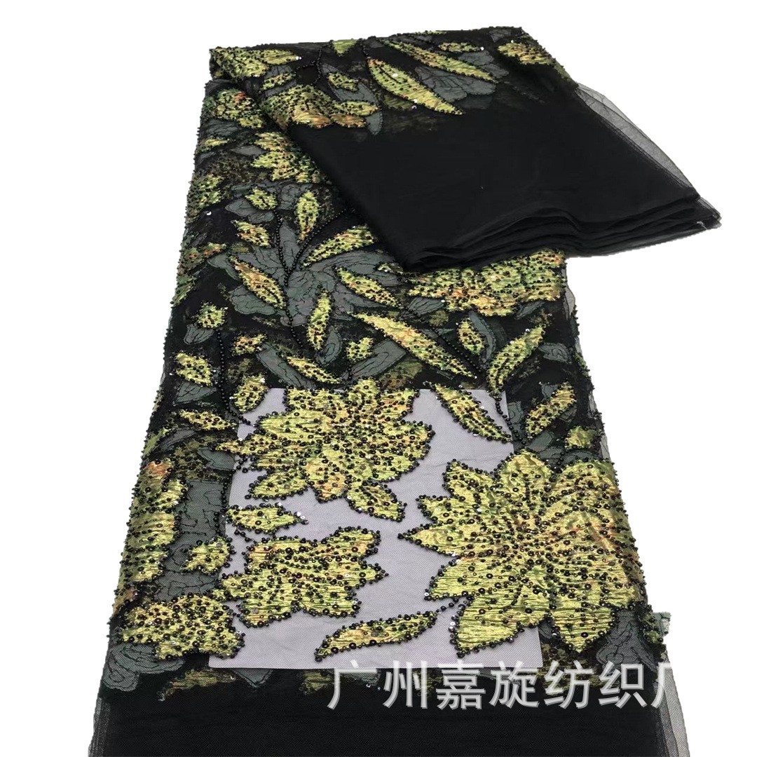 Nuevo oro estampado en relieve flor tubo de perlas sequinado bordado tela de malla vestido de moda turco tela de traje