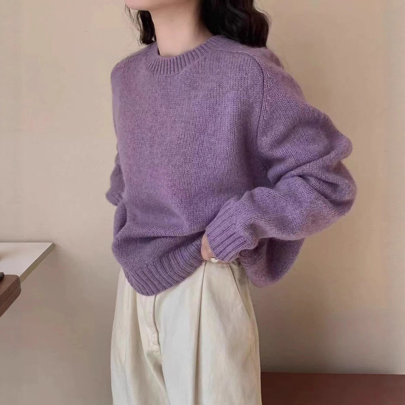 Retro Lazy Style Pure Color Round Neck Knitwear for Women Autumn and Winter 2025 Cross-Border New Loose Pullover Soft Waxy Knitwear for Women