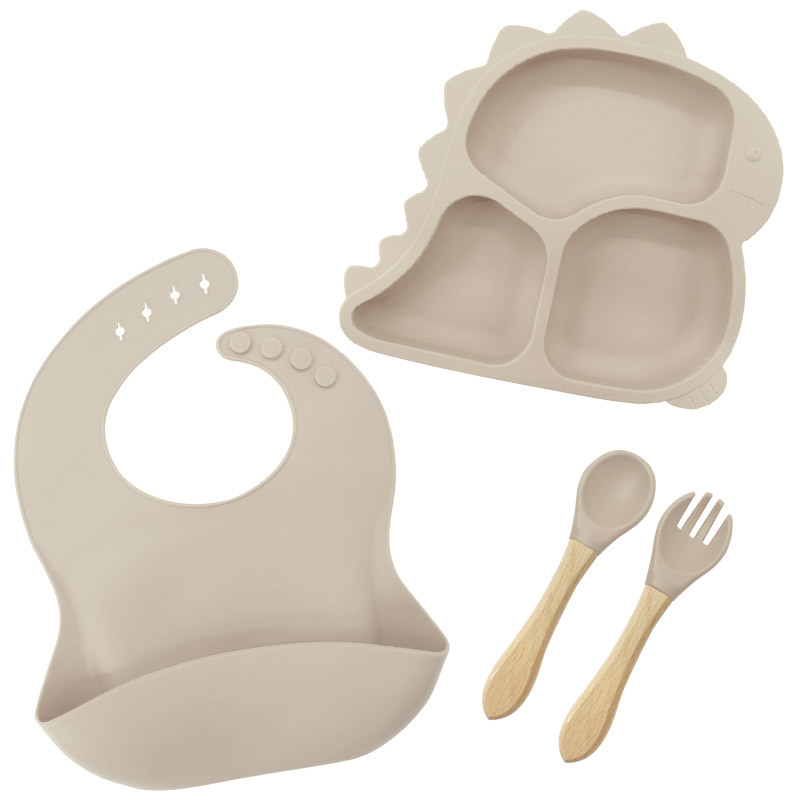아이보리 4 피스 320g (턱받이 + 공룡 접시 + 나무 포크 스푼)