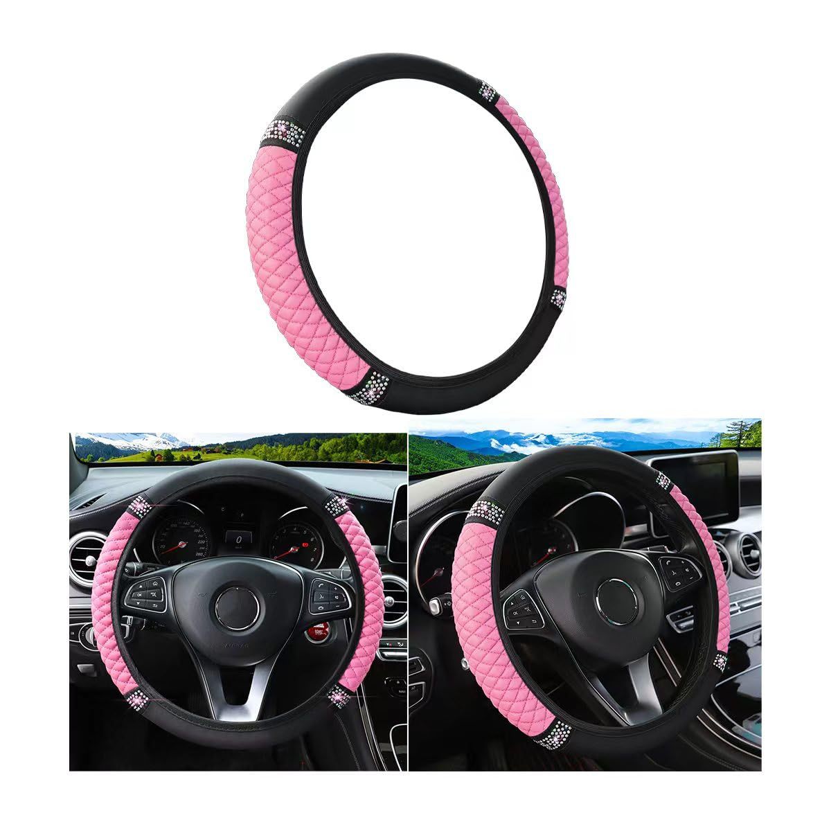 Factory Direct Sales Cross-Border Colorful Rhinestone Car Steering Wheel Cover, Leather Three-Dimensional Interior Handle Cover Without Inner Ring