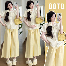 孕妇装时尚2025夏装套装韩版甜美可爱波点上衣+奶黄阔腿裤两件套