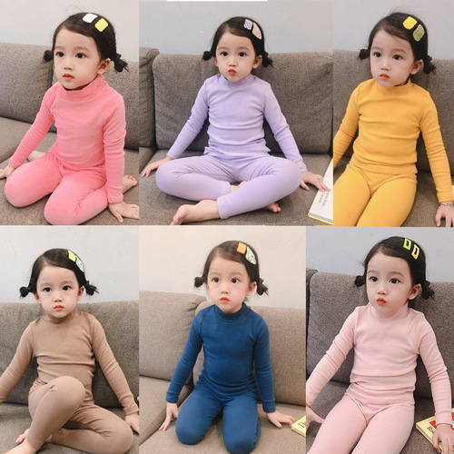 Category A boys' mid-collar pajamas set autumn and winter children's long-sleeved thick solid color children's and girls' brushed home furnishings