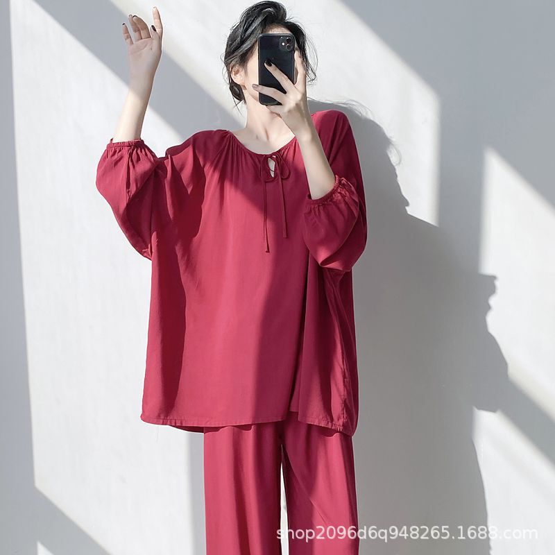 女性用パジャマ、春と秋の長袖人工綿シルク、国民風プリント、ゆったりとした大きいサイズの綿シルクホーム服セット、薄手|undefined