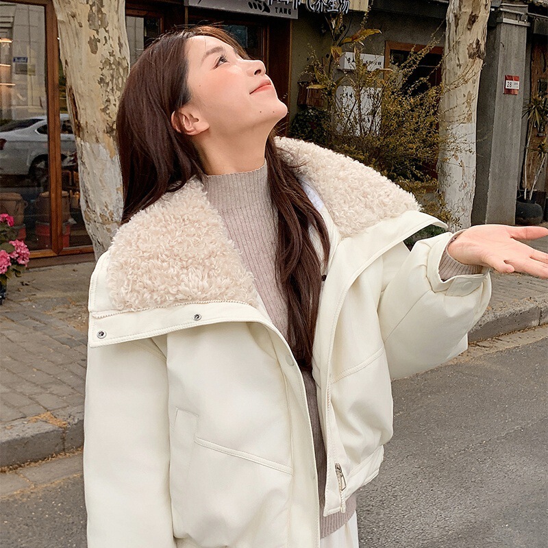 2025新款百搭小羊皮棉衣女短款羊羔毛羽绒棉服冬季翻毛领棉衣夹克|undefined